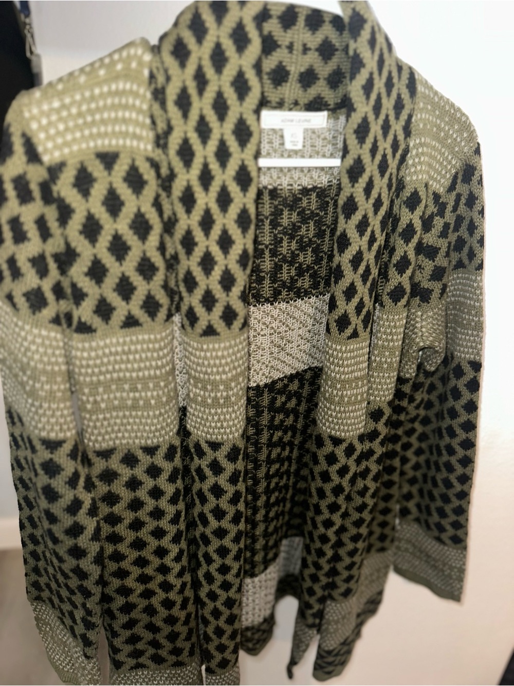 Adam Levine Collection Olive Green and Black Patterned Open Cardigan